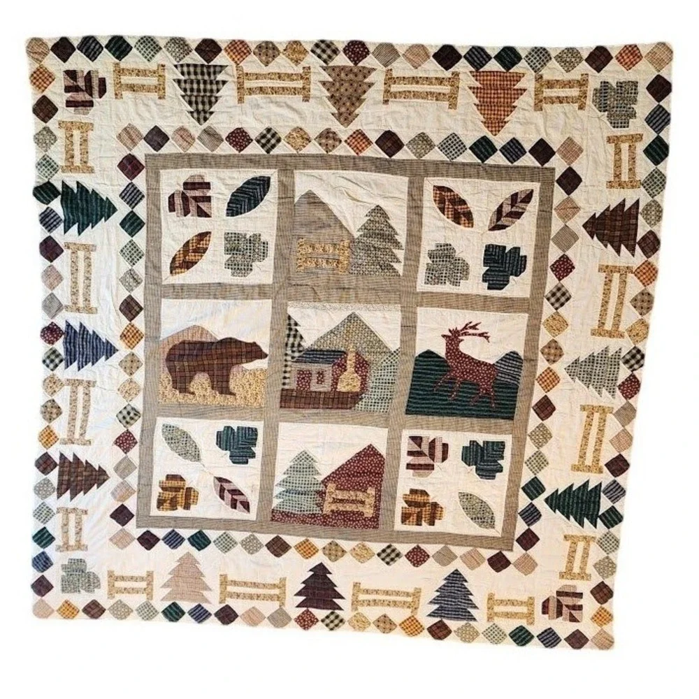 VINTAGE Handmade‎ Rustic Lodge Moose Bear Pine Tree Patchwork Cabin Quilt 80x80